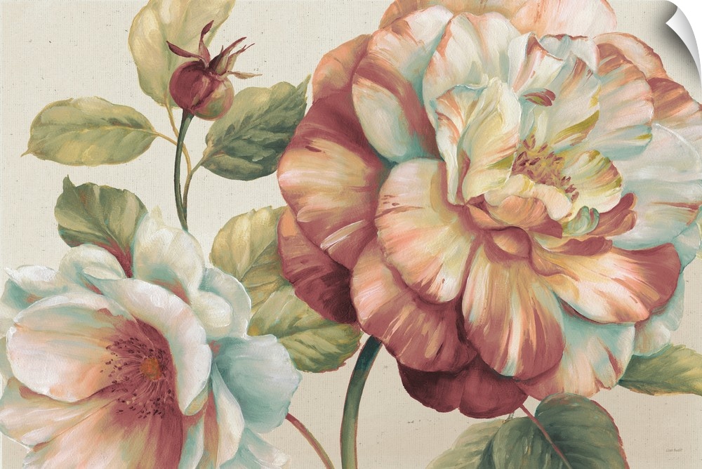 Contemporary painting of large flowers on an off-white background.