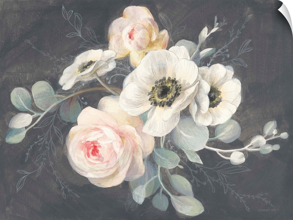 A decorative artwork of a group of Roses and Anemones on a gray background.
