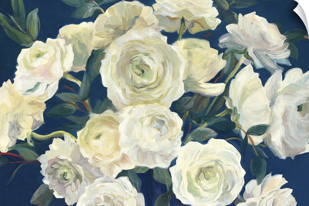 A large contemporary painting of a full bloomed white roses against of blue backdrop.