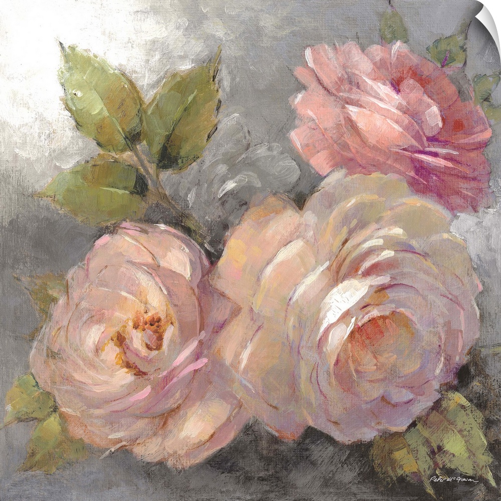 Contemporary still life painting of three pink roses on a gray background.