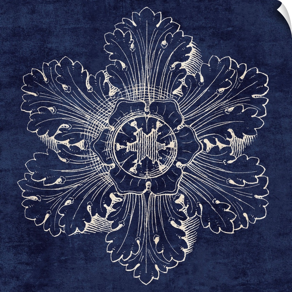 Contemporary artwork of a vintage stylized rosette in dark blue.