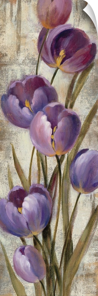 Contemporary artwork of purple flowers close-up in the frame of the image.