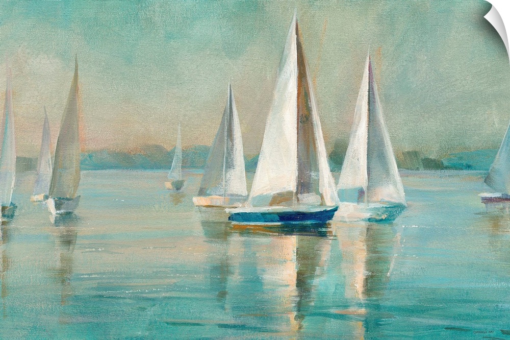 Contemporary painting of sailboats on crystal blue waters.