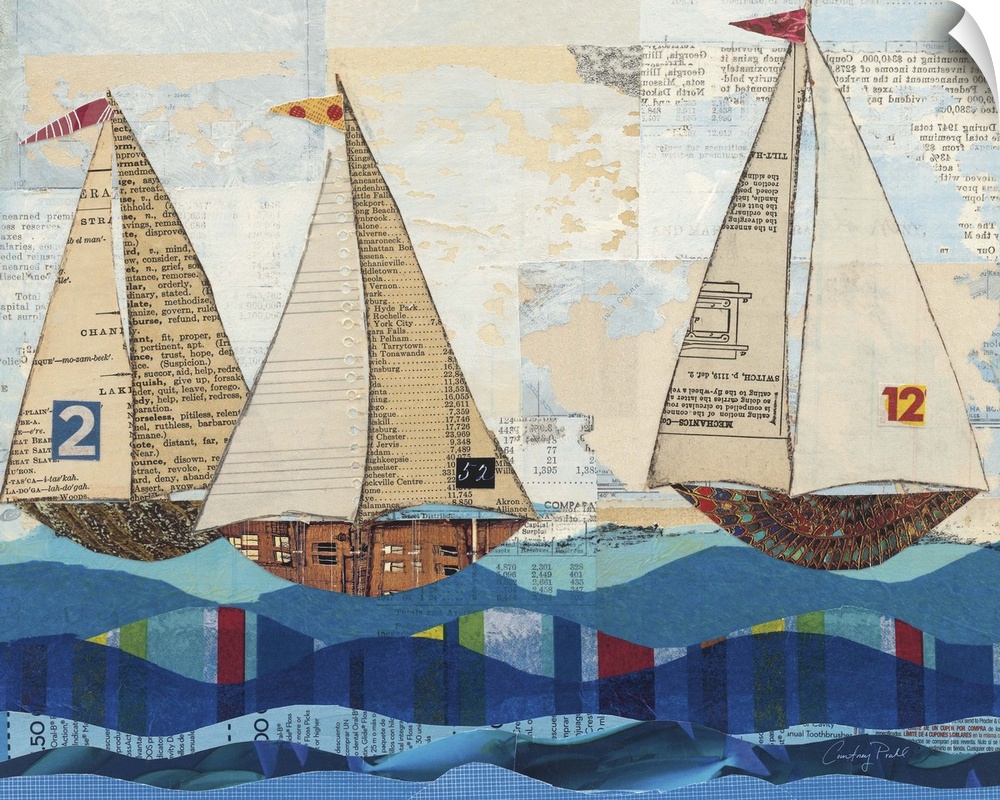 Mixed media artwork of three sailboats on the ocean.