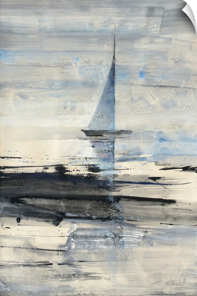 A vertical abstract landscape of a sailboat in the water with black brush strokes overlaying.