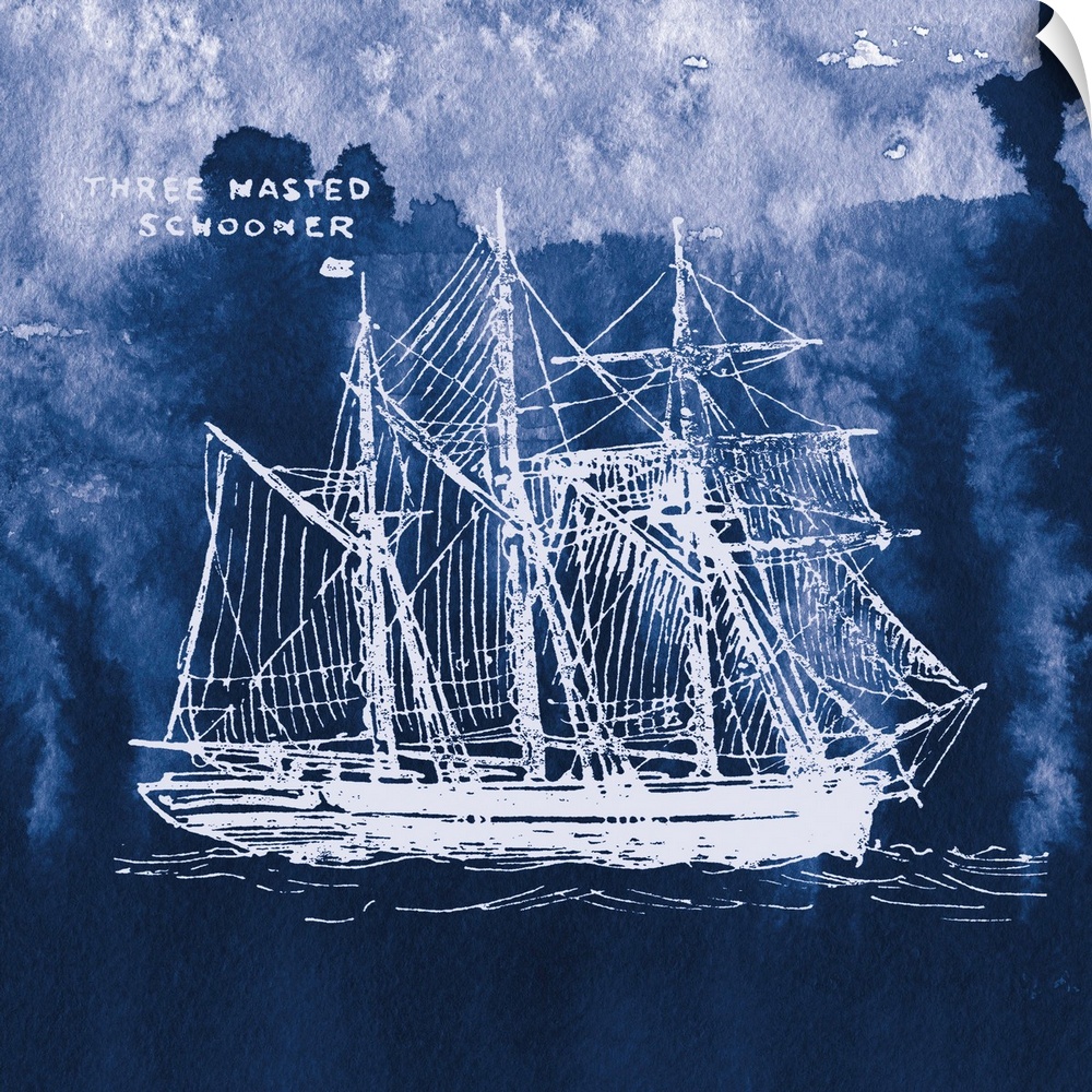 Square art with a white silhouette of a sailboat on an indigo watercolor background and "Three Masted Schooner" written in...