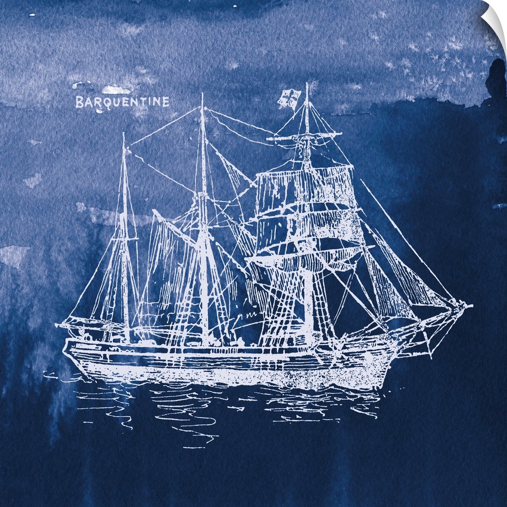 Square art with a white silhouette of a sailboat on an indigo watercolor background and "Barquentine" written in the corner.