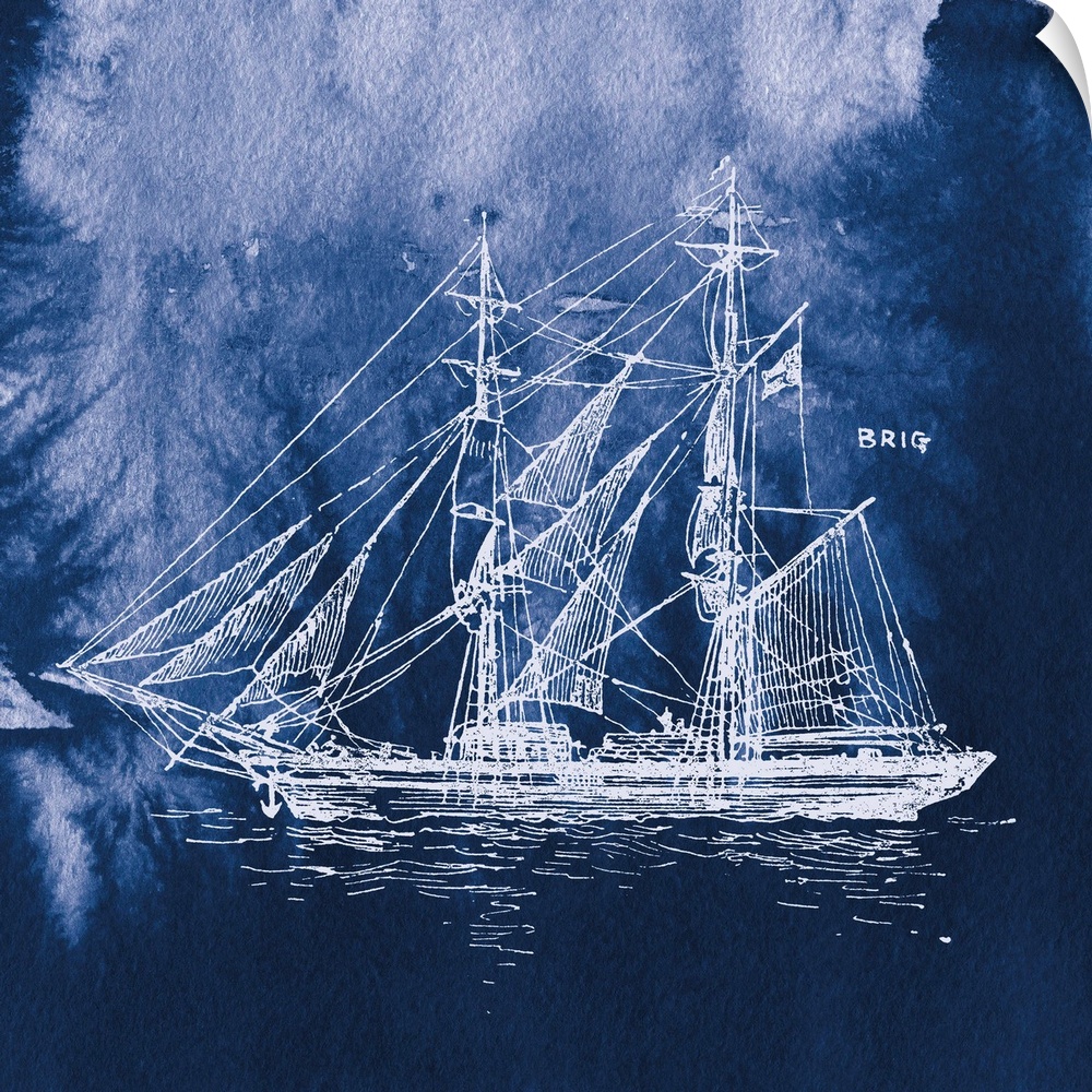 Square art with a white silhouette of a sailboat on an indigo watercolor background and "Brig" written in the corner.