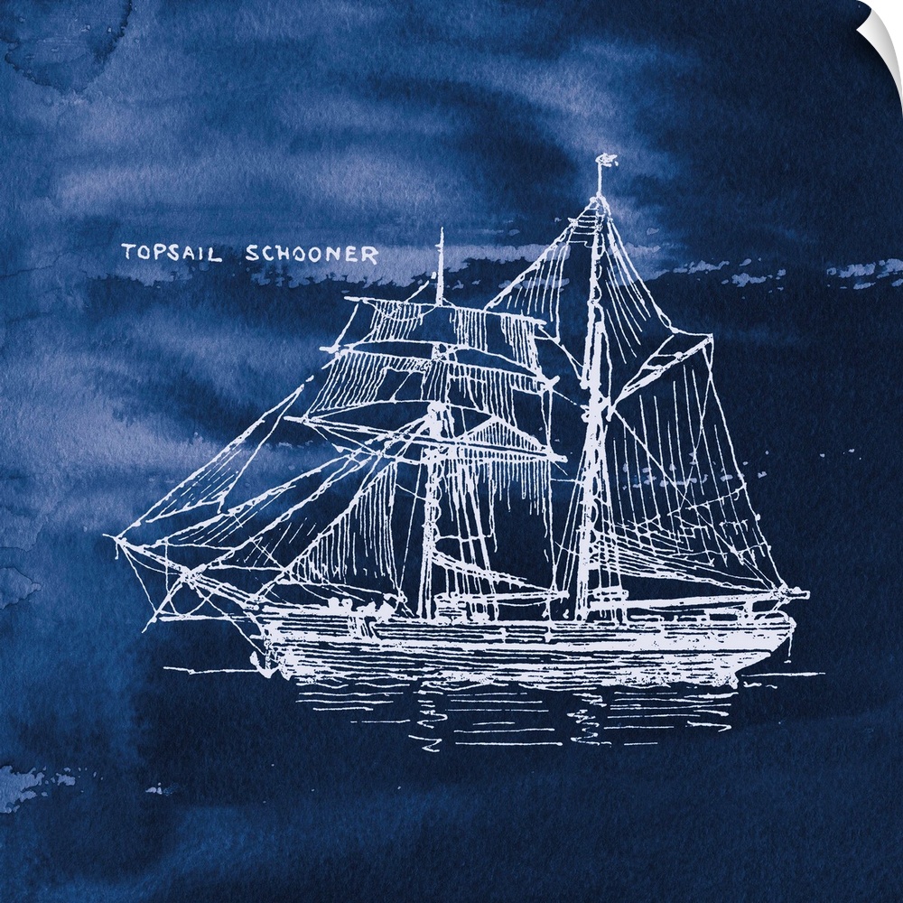 Square art with a white silhouette of a sailboat on an indigo watercolor background and "Topsail Schooner" written in the ...