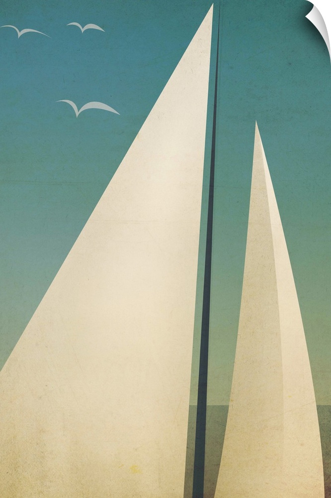 Contemporary artwork of sails seen against a dark blue sky.