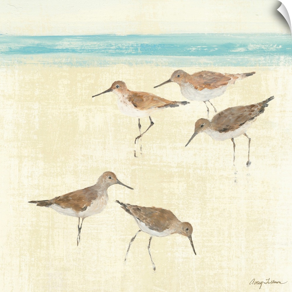 Square painting of ocean birds walking on the sand of a beach with the sea in the distance.