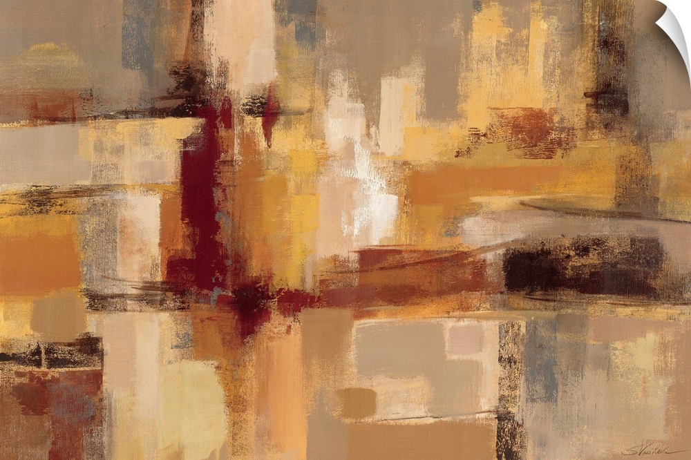 Contemporary abstract painting of eroded rectangles and squares varying in color and orientation.