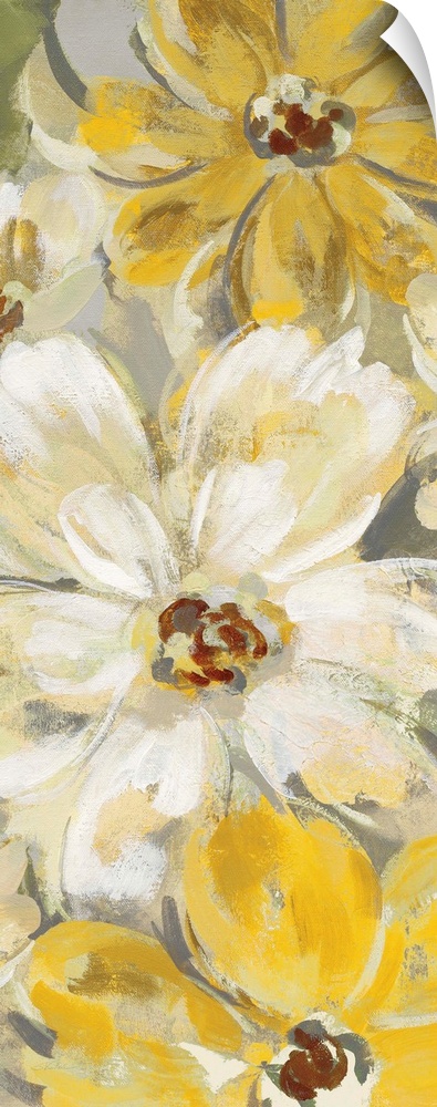 A long vertical image of large yellow flower blooms with white accents.