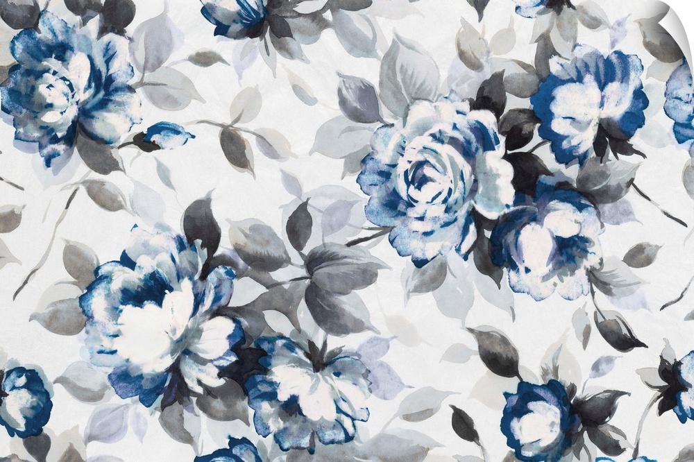 Artwork of roses in blue with grey leaves.