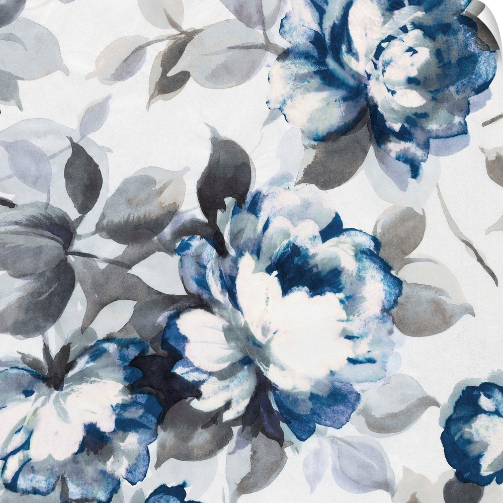 Artwork of roses in shades of deep blue and grey.