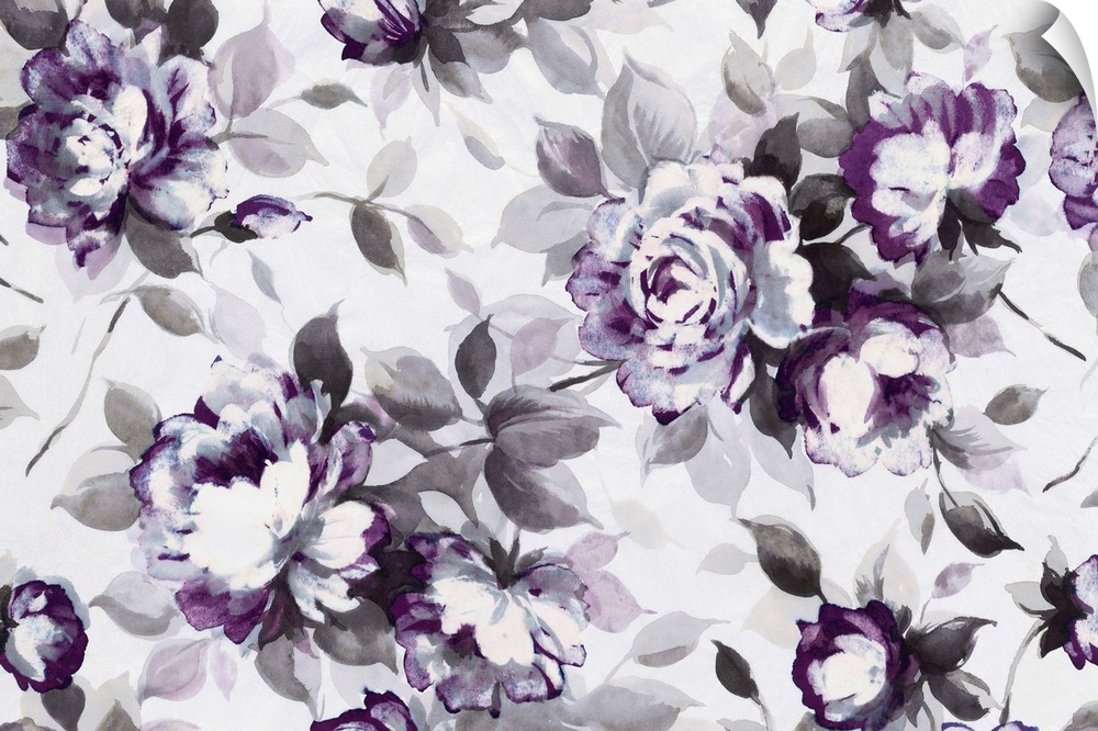 Artwork of roses in purple with grey leaves.