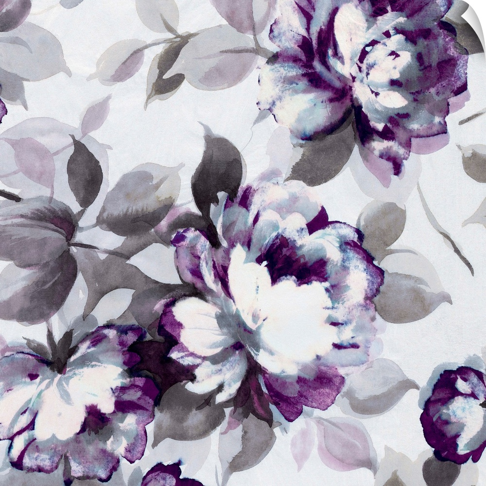 Contemporary home decor art of a gray and purple flowers.
