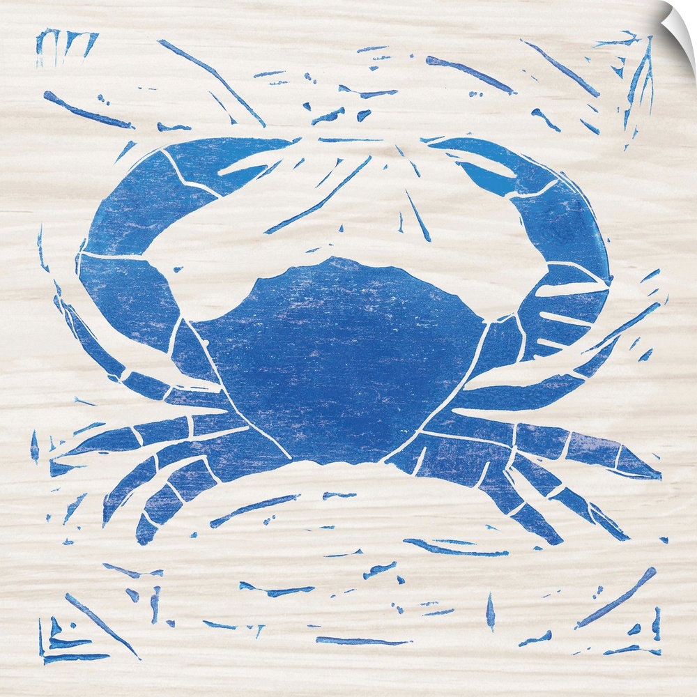 Blue woodcut-style crab print on wood.