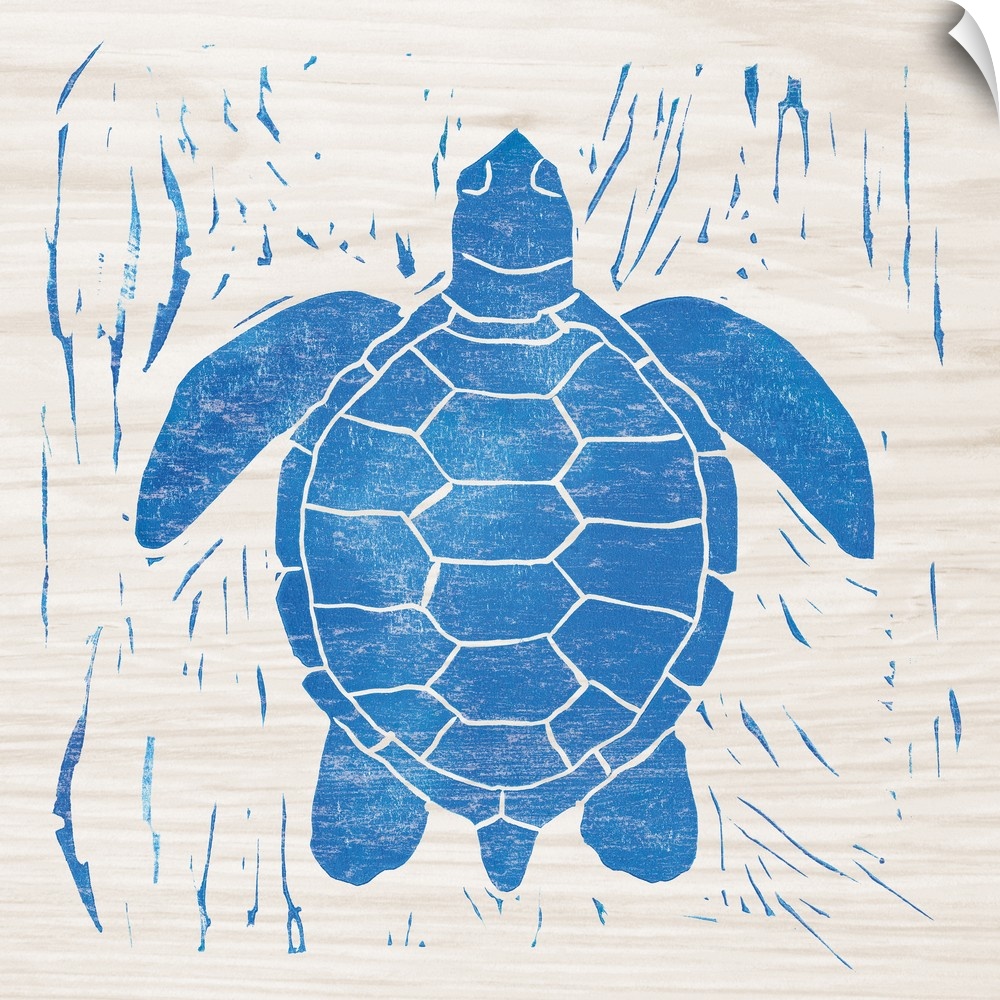 Blue woodcut-style sea turtle print on wood.