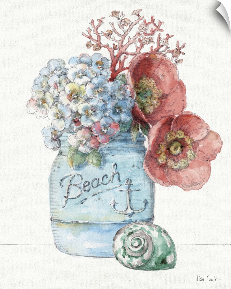 Watercolor artwork of flowers in a mason jar with a seashell sitting next to it.