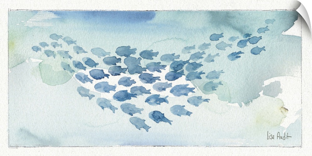 Watercolor painting of a school of fish against a light blue background.