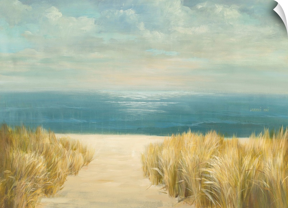 Contemporary seascape painting of a sandy beach with grasses at the edge of the ocean.