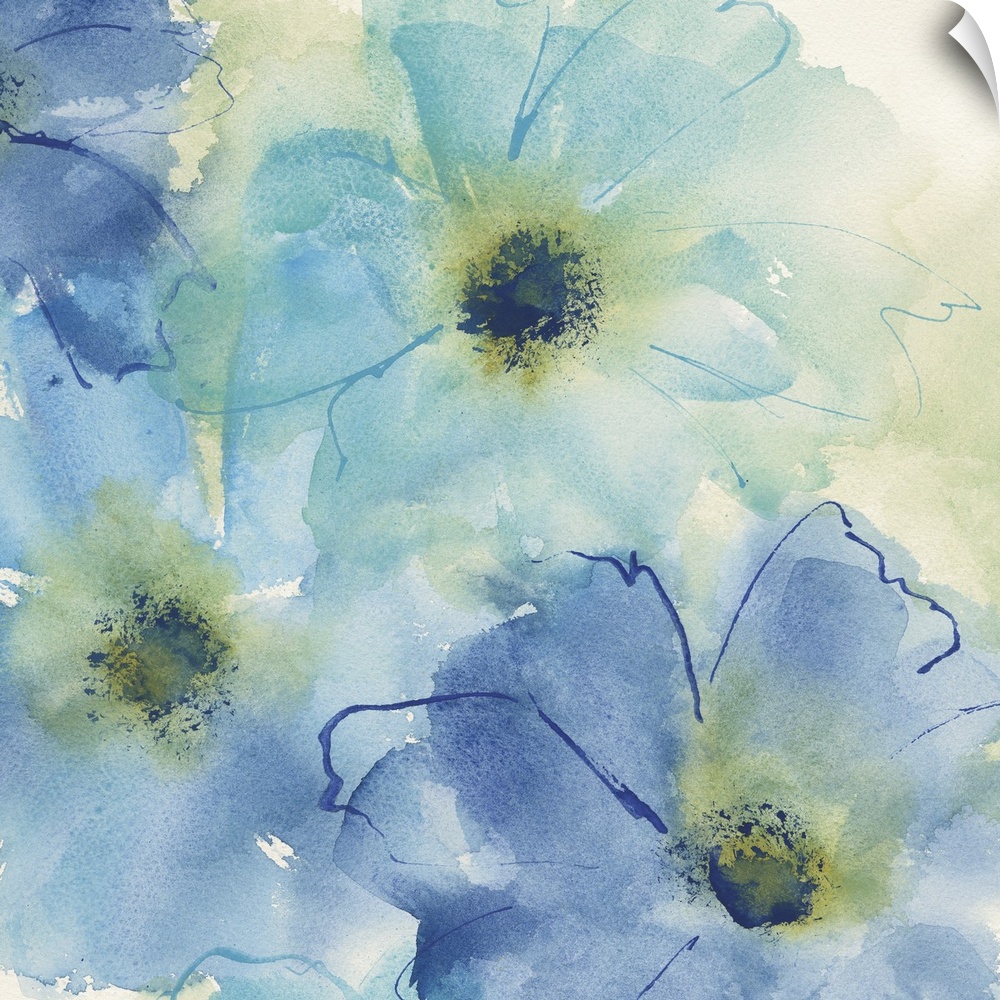 Contemporary watercolor painting of light blue flowers.