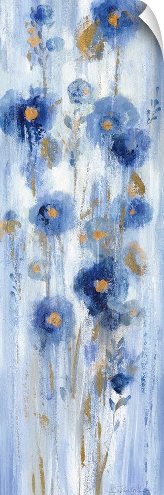 Long vertical abstract painting of blue flowers with accents of gold.