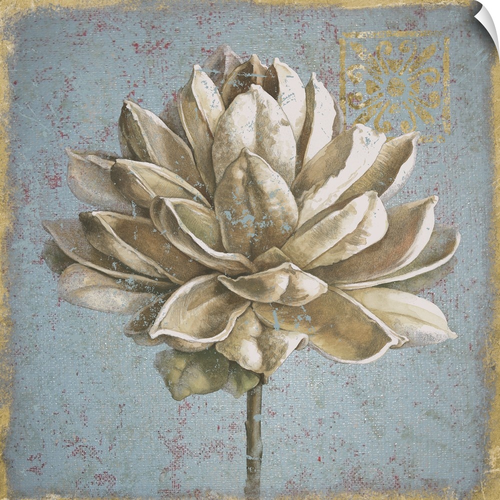Home decor artwork of a flower seed pod against a pale faded blue script background.