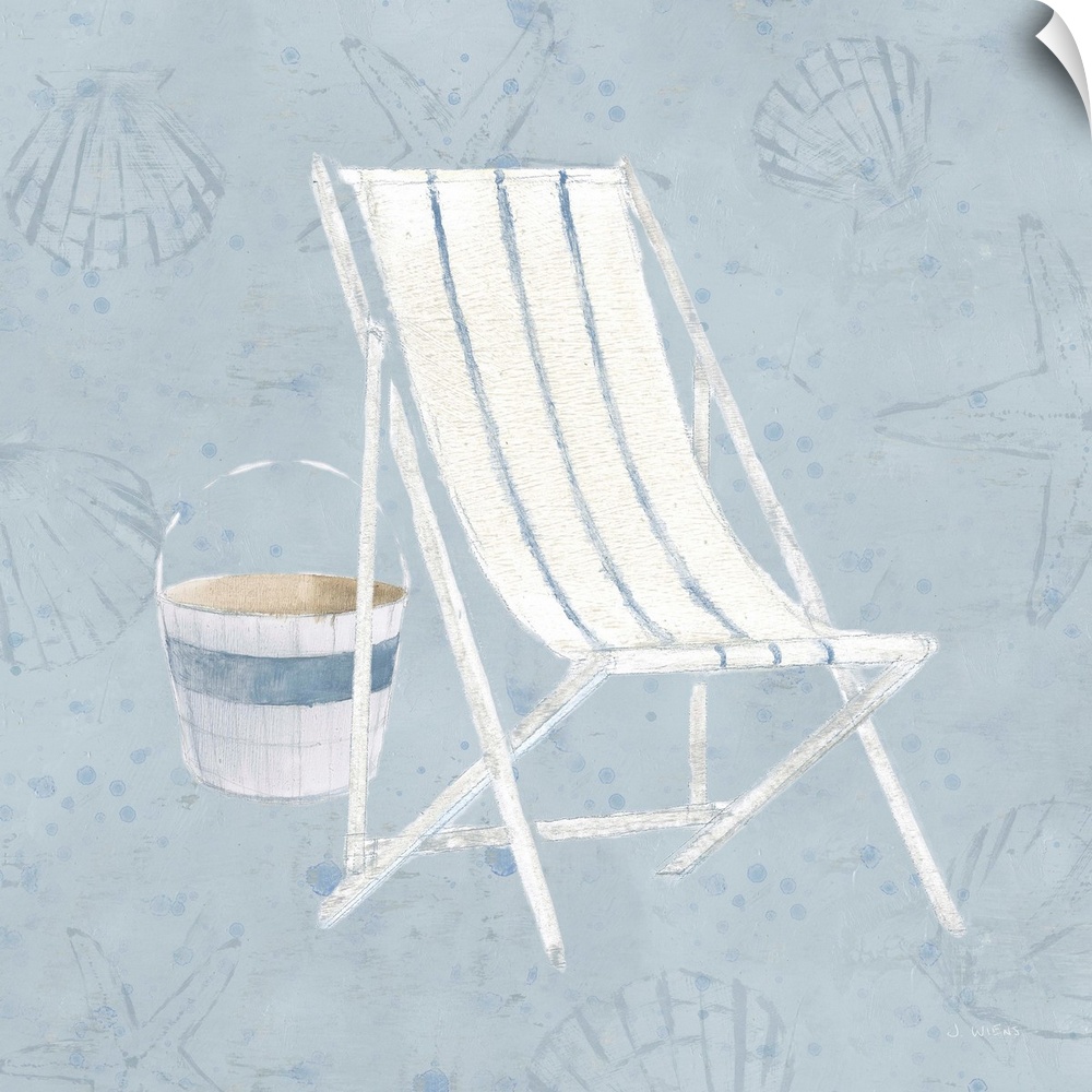 Square art with an illustration of a white beach chair with blue stripes and a bucket on a light blue background with seas...