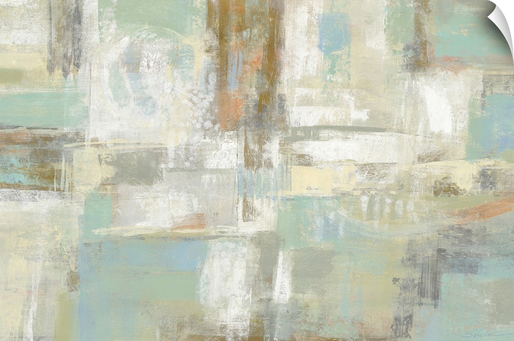 Abstract artwork featuring rectangular shapes in cool colors with a distressed textures.