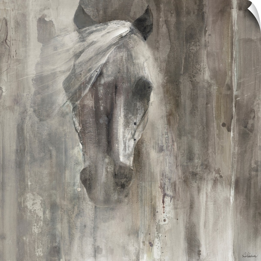 Contemporary painting of a horse's face and mane in shades of grey.