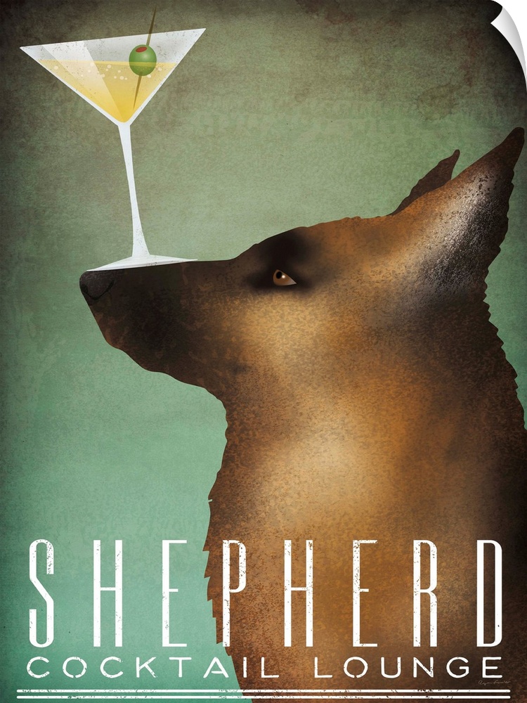 Illustration of a shepherd balancing a martini glass on its nose with "Shepherd Cocktail Lounge" written on the bottom.