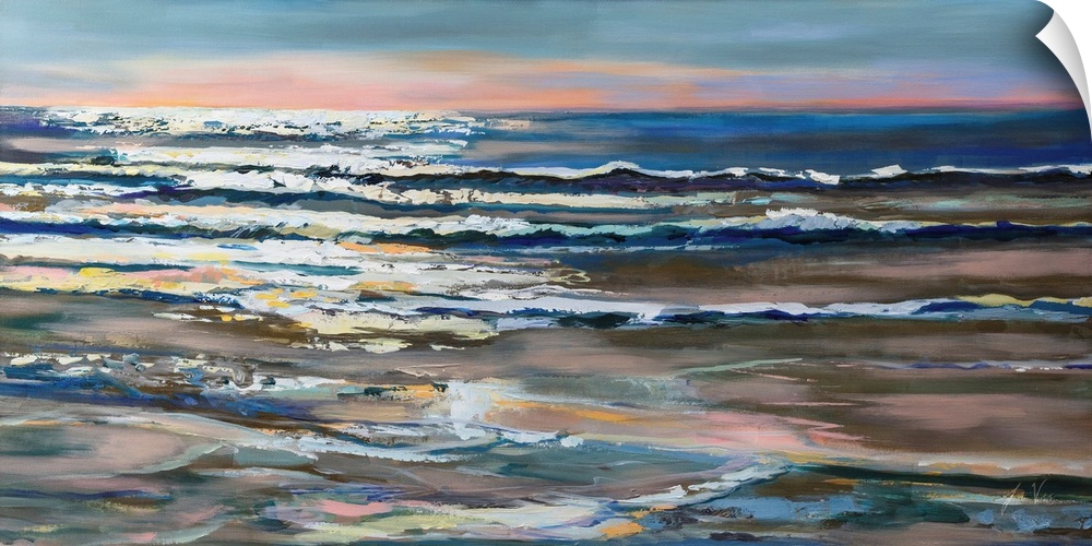 A landscape painting of waves on the ocean being caught by the sunlight