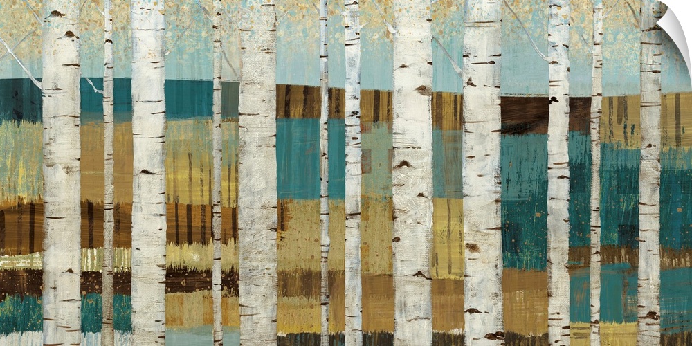 Huge canvas art shows a forest of birch trees sitting in front of a valley.  Artist uses multiple patterns of horizontal r...