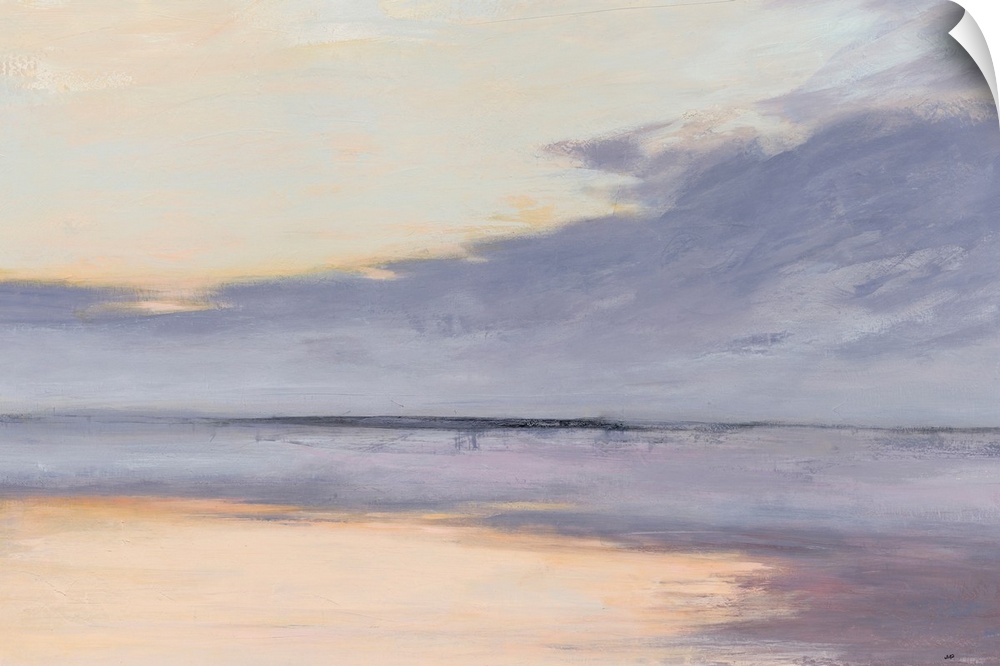 Contemporary abstract painting of an ocean shore with a reflecting horizon line in purple, pink, and blue.