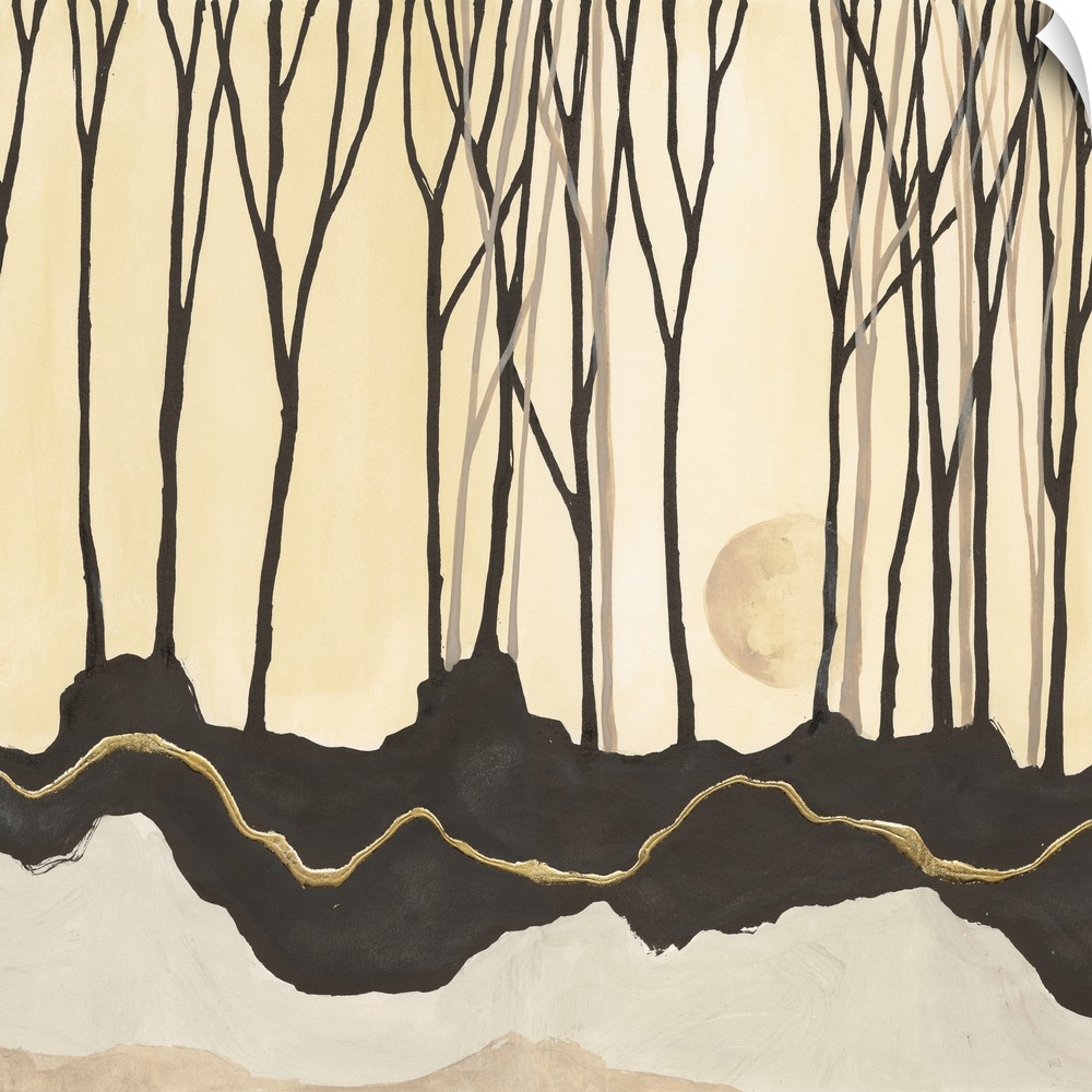 Square painting of a contemporary landscape with thin trees and layers of soil, in neutral colors.