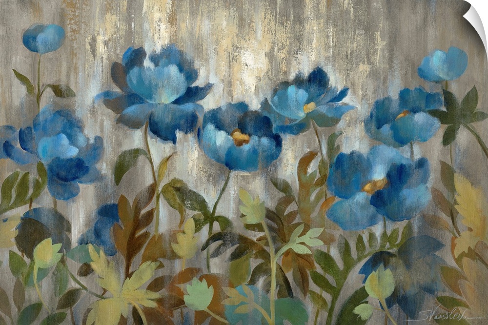 Simplified flowers and their leaves infront of a textural backdrop in this stylized, horizontal painting.