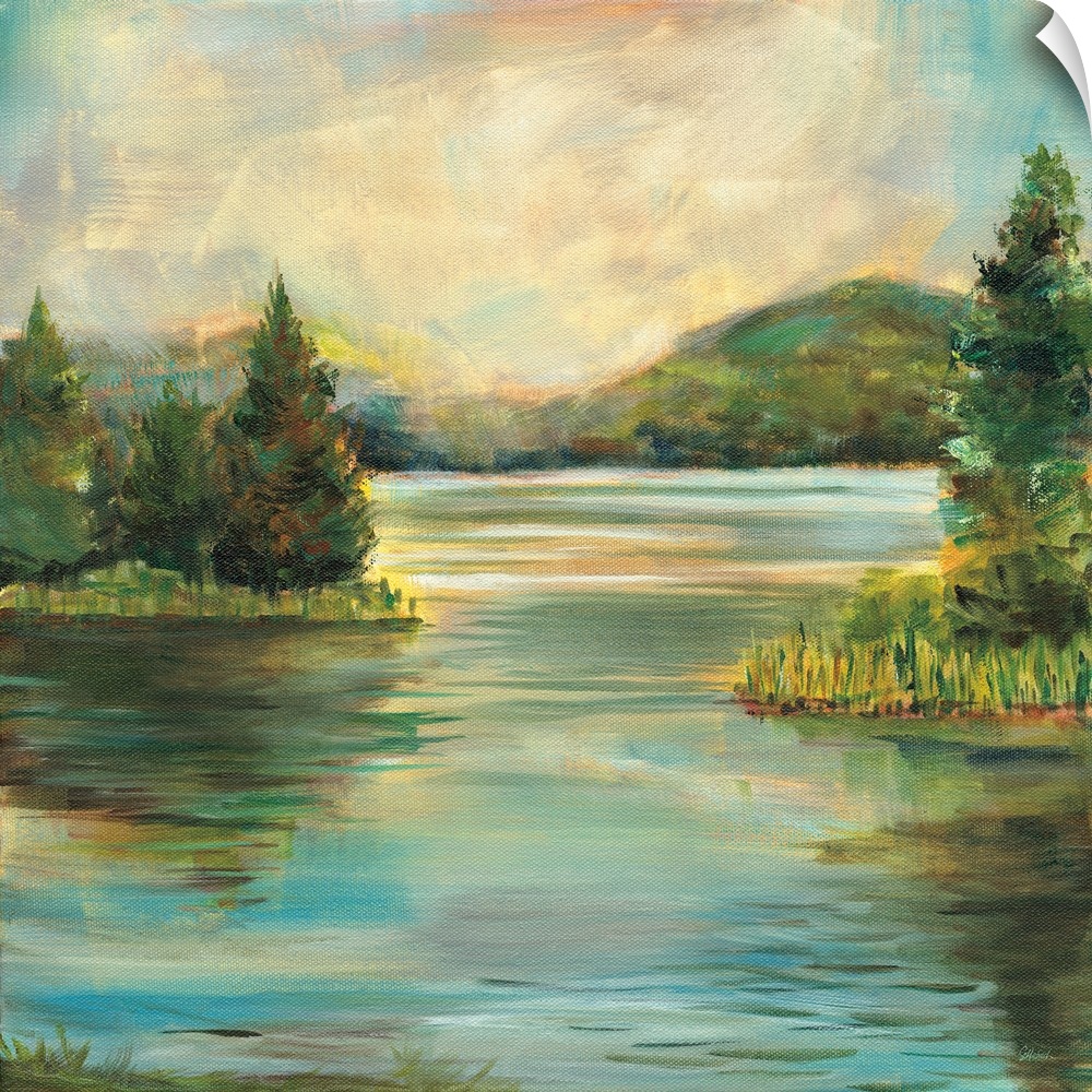 Contemporary landscape painting of a lake at sunset with rolling hills in the distance.