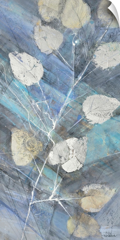 Contemporary artwork of silver leaves against a blue toned background.