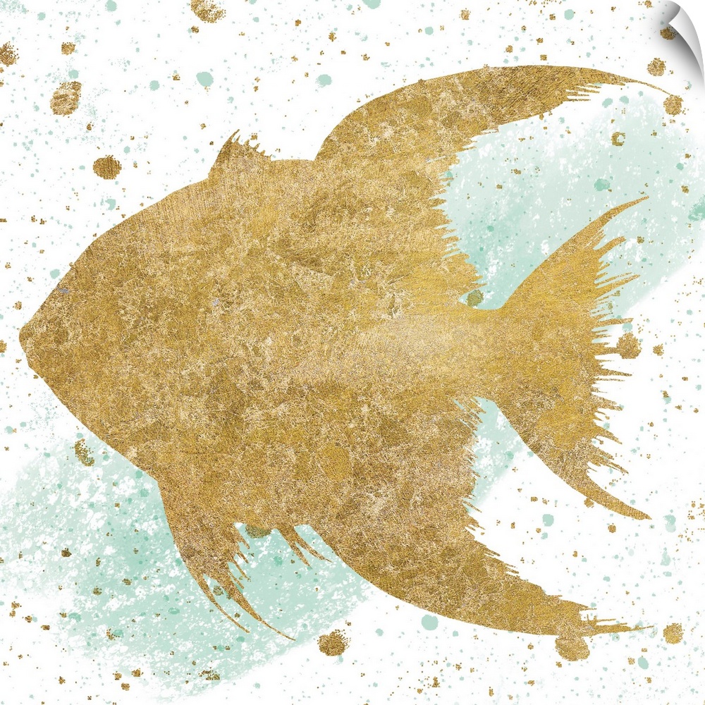 Square art with a metallic gold fish on a white and sea foam green background with gold and sea foam green paint splatter.