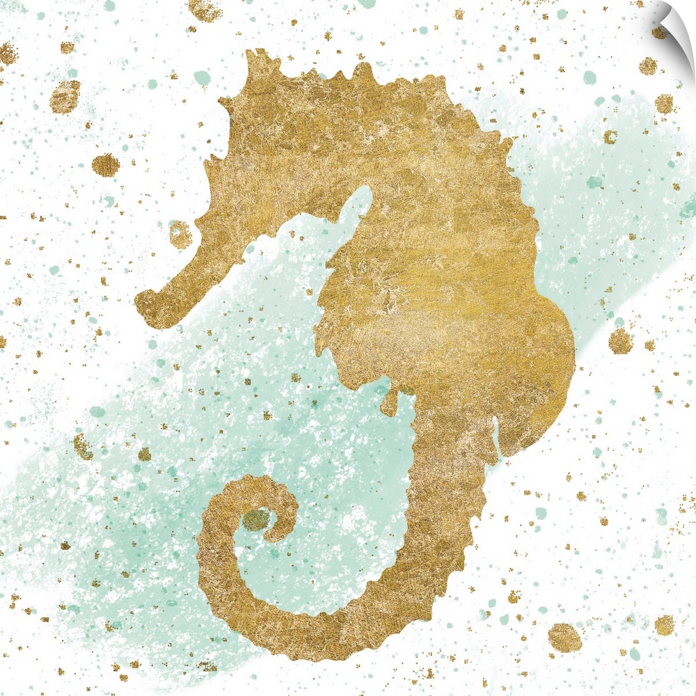 Square art with a metallic gold seahorse on a white and sea foam green background with gold and sea foam green paint splat...