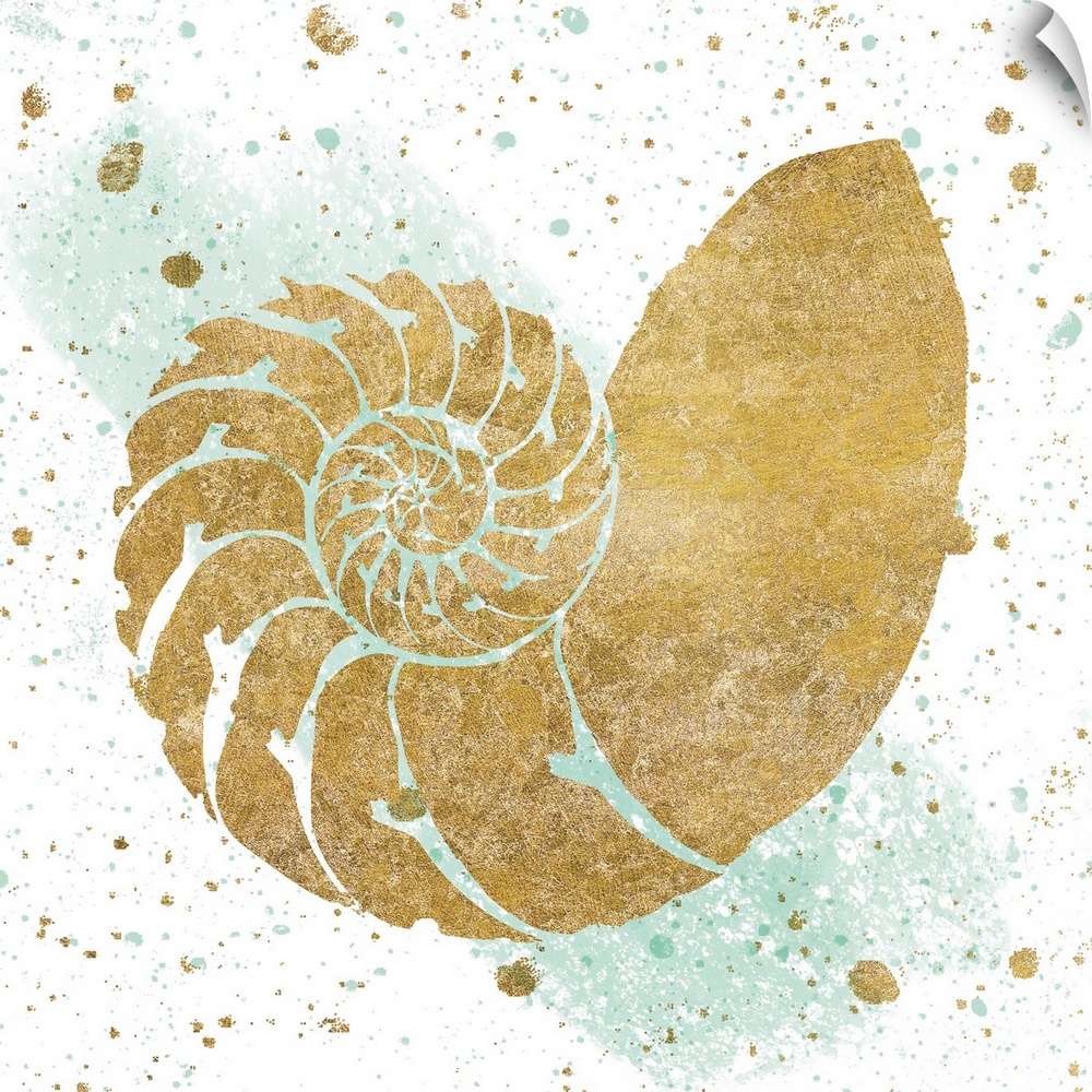 Square art with a metallic gold seashell on a white and sea foam green background with gold and sea foam green paint splat...
