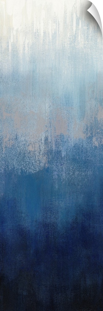 Abstract panel painting in shades of gray and blue getting darker towards the bottom.
