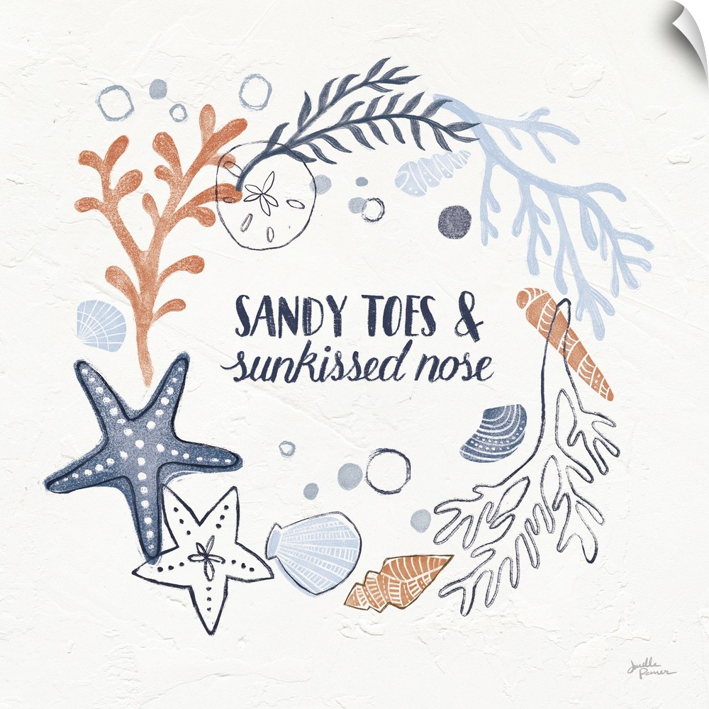 "Sandy Toes and Sun Kissed Nose" with coral and blue ocean themed illustrations on a square white textured background.