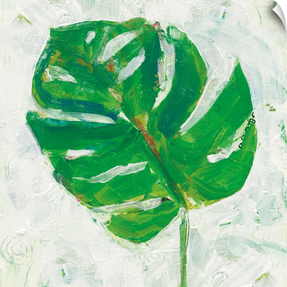 Square abstract painting of a big, green, tropical leaf on a white textured background.