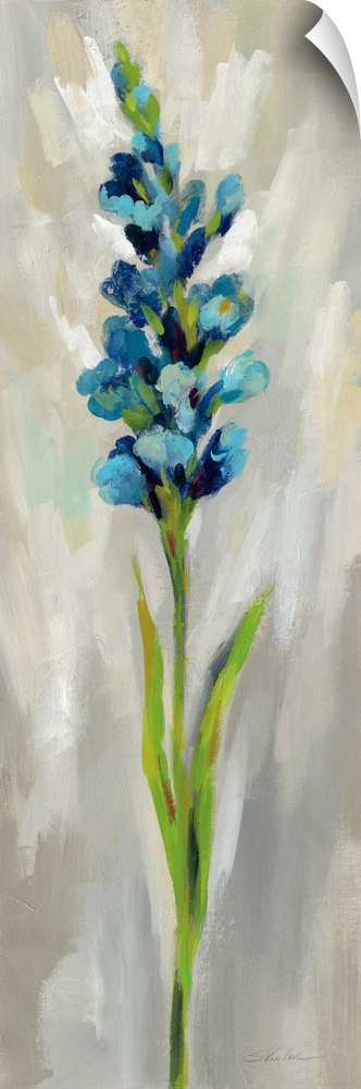 Long vertical contemporary painting of a blue delphinium with brush stoke textured background.