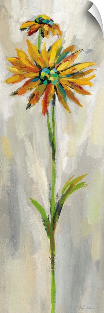 Long vertical contemporary painting of a yellow daisy with brush stoke textured background.