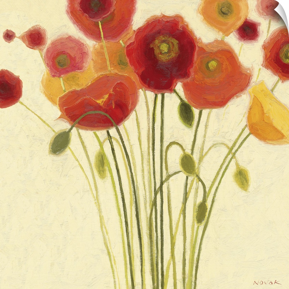 Contemporary painting of colorful flower bunch with blooms and flower buds.