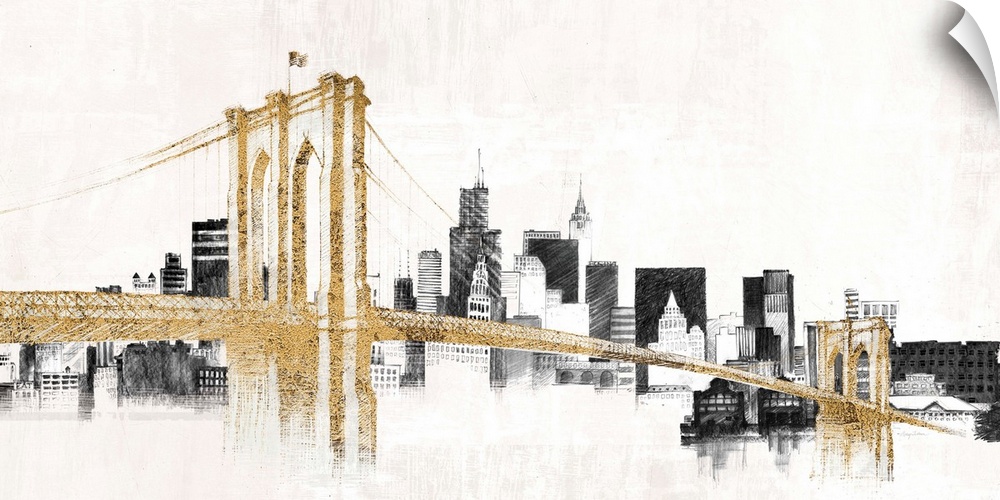 Contemporary painting in black and gold of the Brooklyn Bridge in front of the New York City skyline.